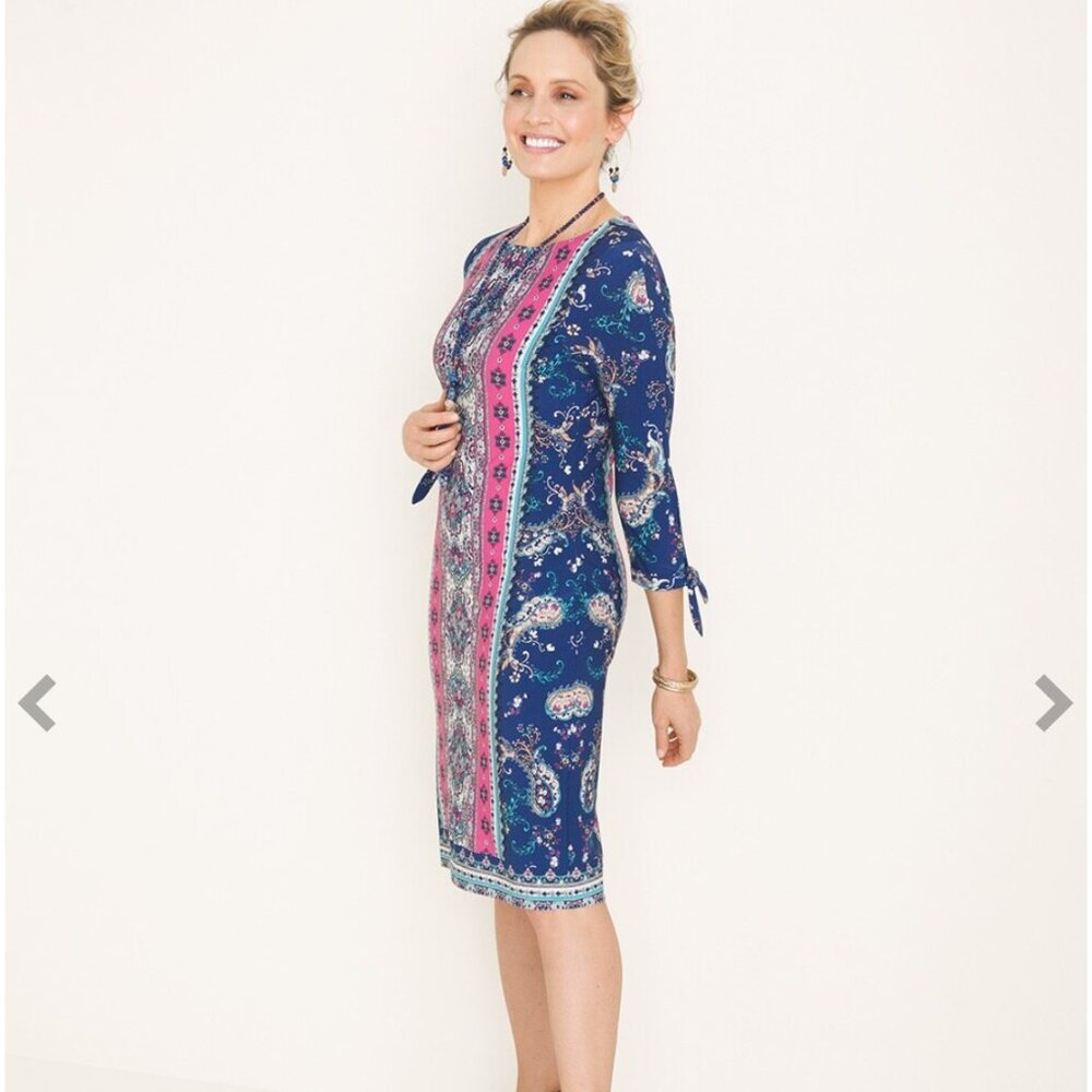 Chico's Women's Medallion-Print Tie-Sleeve Dress Sz 1